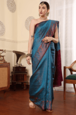 Steel Blue Banarasi Silk Saree - Luxurious Katan Silk Saree with Golden Zari Work and Matching Blouse Piece - Image 4
