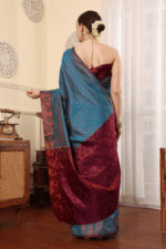 Steel Blue Banarasi Silk Saree - Luxurious Katan Silk Saree with Golden Zari Work and Matching Blouse Piece - Image 9