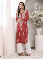 Hand Embroidered Lucknowi Chikankari Mulmul Cotton Kurti – Red Leaves Print - Image 3