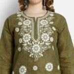 Mastanni Chikankari Mehndi Green Khadi Kurta - Image 2