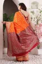 Reddish Orange Banarasi Silk Saree - Luxurious Katan Silk Saree with Golden Zari Work and Matching Blouse Piece - Image 9