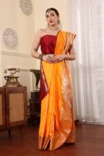 Yellowish Orange Banarasi Silk Saree - Luxurious Katan Silk Saree with Golden Zari Work and Matching Blouse Piece - Image 6