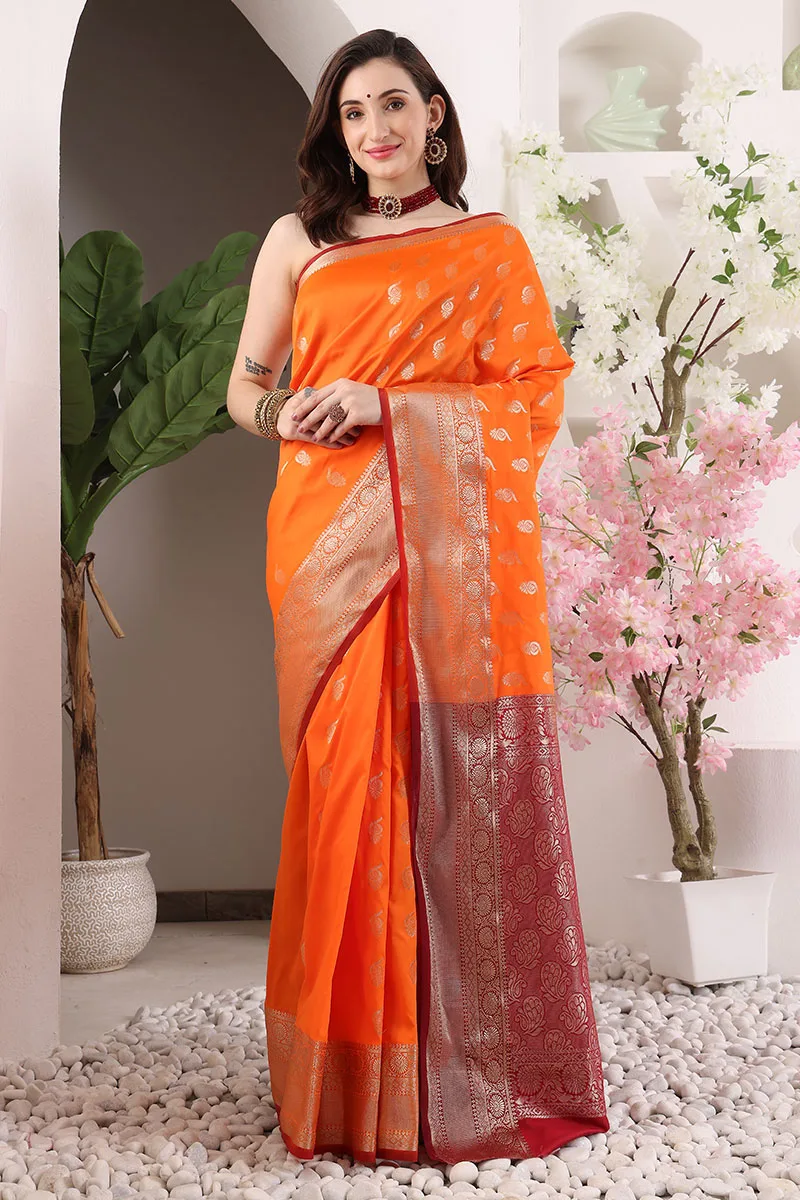 Reddish Orange Banarasi Silk Saree