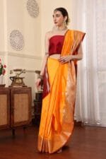 Yellowish Orange Banarasi Silk Saree - Luxurious Katan Silk Saree with Golden Zari Work and Matching Blouse Piece - Image 2