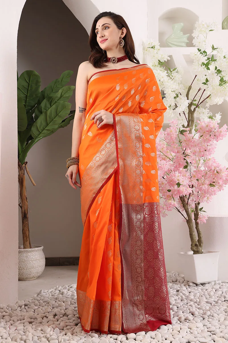 Reddish Orange Banarasi Silk Saree