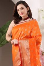 Reddish Orange Banarasi Silk Saree - Luxurious Katan Silk Saree with Golden Zari Work and Matching Blouse Piece - Image 6