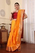 Yellowish Orange Banarasi Silk Saree - Luxurious Katan Silk Saree with Golden Zari Work and Matching Blouse Piece - Image 4