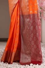 Reddish Orange Banarasi Silk Saree - Luxurious Katan Silk Saree with Golden Zari Work and Matching Blouse Piece - Image 8