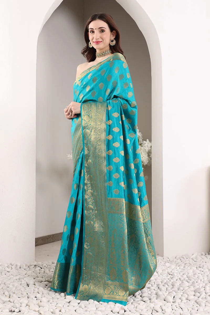 Bluish Cyan Banarasi Silk Saree