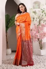 Reddish Orange Banarasi Silk Saree - Luxurious Katan Silk Saree with Golden Zari Work and Matching Blouse Piece - Image 3