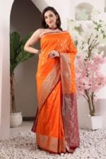 Reddish Orange Banarasi Silk Saree - Luxurious Katan Silk Saree with Golden Zari Work and Matching Blouse Piece - Image 4