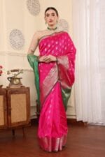 Pink Banarasi Silk Saree - Luxurious Katan Silk Saree with Golden Zari Work and Matching Blouse Piece - Image 4