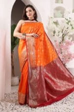 Reddish Orange Banarasi Silk Saree - Luxurious Katan Silk Saree with Golden Zari Work and Matching Blouse Piece - Image 5