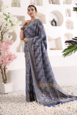 Purply Blue Banarasi Silk Saree - Luxurious Katan Silk Saree with Golden Zari Work - Image 3