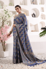 Purply Blue Banarasi Silk Saree - Luxurious Katan Silk Saree with Golden Zari Work - Image 4