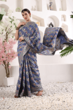 Purply Blue Banarasi Silk Saree - Luxurious Katan Silk Saree with Golden Zari Work - Image 6