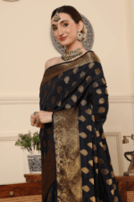 Black Banarasi Silk Saree - Luxurious Katan Silk Saree with Golden Zari Work and Matching Blouse Piece - Image 3