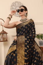 Black Banarasi Silk Saree - Luxurious Katan Silk Saree with Golden Zari Work and Matching Blouse Piece - Image 5